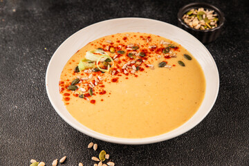 cream soup pumpkin first course vegetables dish natural product tasty snack fresh delicious gourmet food background on the table rustic top view copy space keto and paleo diet vegan and vegan food
