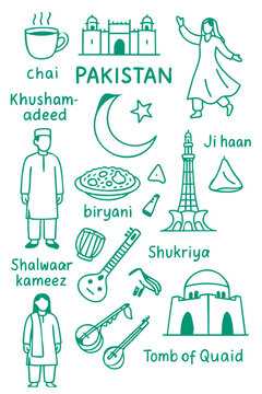 Pakistan Culture Illustration Set &ndash; Traditional People, Music, Dance, Food, and Symbols