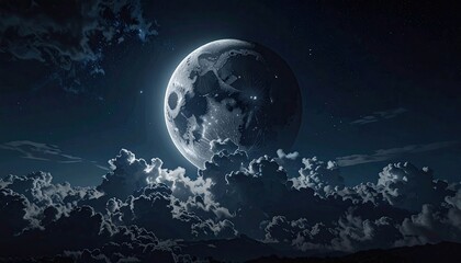 Pixelated Full Moon Over Clouds with Starry Night in Digital Art Style with Muted Color Palette Atmospheric Scene Detailed Textures