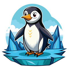 Obraz premium Cute cartoon penguin standing on an ice floe with icebergs and clouds