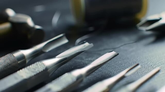Close-up of various sharp metal carving tools arranged on a dark workshop surface, highlighting craftsmanship and precision.