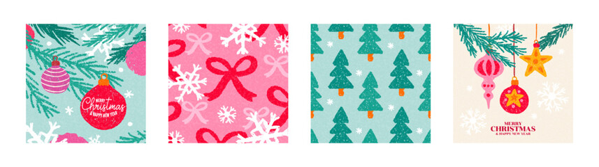 Merry Christmas and Happy New Year greeting card, poster, modern set. Colorful vector illustration in flat geometric style. Banner, holiday covers template