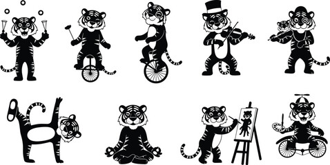 Cartoon tiger juggling, funny circus animal, cute tiger on unicycle, tiger painting art, meditation tiger, musical tiger, playful illustration, whimsical character