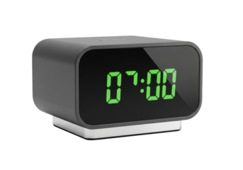 Sleek, minimalist digital alarm clock with charcoal grey matte casing, vibrant neon green '07:00' LED display, chrome base on transparent background, soft lighting. Concept of modern personal wellness