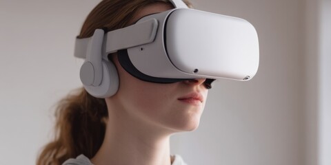 Young person wearing virtual reality headset in modern interior, exploring immersive technology, experiencing digital world and enhancing gaming adventure