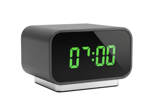 Sleek, minimalist digital alarm clock with charcoal grey matte casing, vibrant neon green '07:00' LED display, chrome base on transparent background, soft lighting. Concept of modern personal wellness - Powered by Adobe