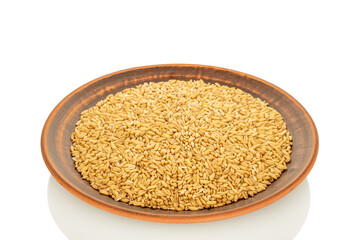Raw oatmeal isolated on white background, close-up.