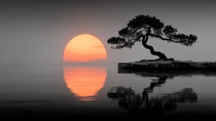 Sunrise over calm water and bonsai tree