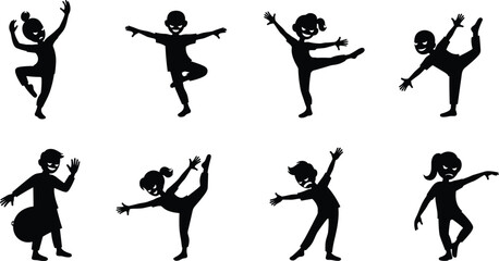 Children silhouette illustrations dancing, gymnastics poses, balance, flexibility, rhythmic ball, expressive movement, sport, performance, artistic activity, lifestyle artwork sequence