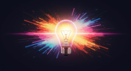 A glowing light bulb is surrounded by a vibrant, colorful explosion of light and particles, symbolizing ideas, innovation, creativity, and energy against a dark background.

