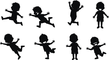 Children silhouette, kids playing, jumping, running, childhood activity, playful pose, dynamic movement, black outline, fun energy, education, design, lifestyle
