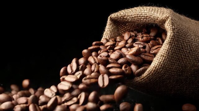 A burlap sack spills freshly roasted coffee beans onto a dark surface. The vibrant colors and textures of the beans highlight their quality and freshness as they scatter gracefully