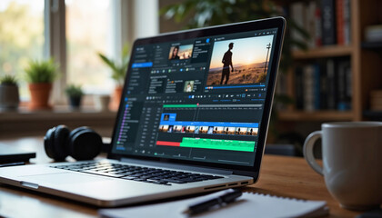 Laptop showing video editing software with timeline, effects, and controls on screen on desk near coffee cup and headphones. Video editing includes color correction, keyframing.