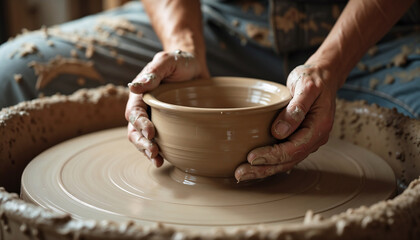 Fototapeta premium Pottery wheel shapes clay, forming bowl with artist's hands. Hands holding pottery gently on pottery wheel. Skilled artisan's hands crafting clay, with artist carefully shaping it on spinning wheel.