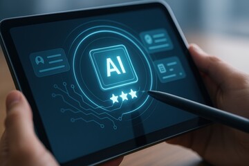 Tablet with holographic ai technology rating interface and stylus
