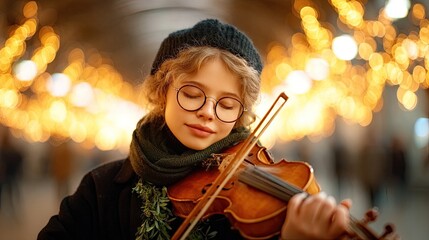 Dreamy visual theme - Young Woman Playing Violin Under Festive Lights Creating Magical Atmosphere - surreal emotional atmosphere