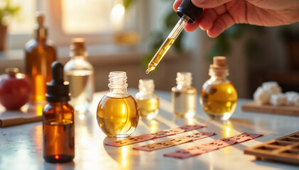 Essential oils displayed in various bottles with dropper, hand dispensing drops, and herbs on countertop. Essential oils are used in alternative medicine, aromatherapy, and natural remedies.