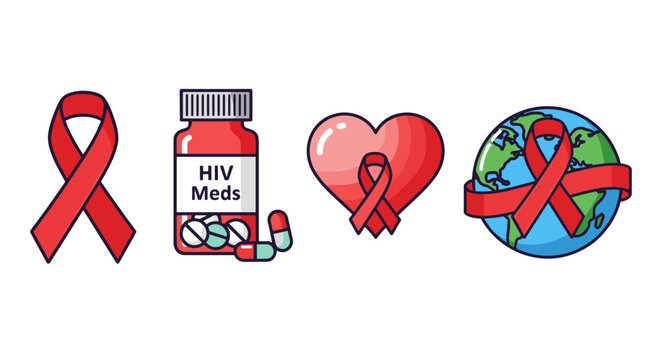 World AIDS Day symbols: red ribbon, HIV meds, heart, and globe