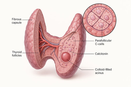 Anatomical Illustration of the Human Thyroid Gland and its Microscopic Structures