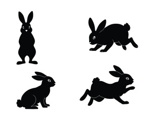 Four black silhouette rabbits in different poses showing movement and standing still against a white background
