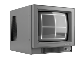 Robust industrial CRT monitor, deep chassis, matte gray metal, convex screen with white grid glow on transparent background, negative copy space. Nostalgic industrial technology concept