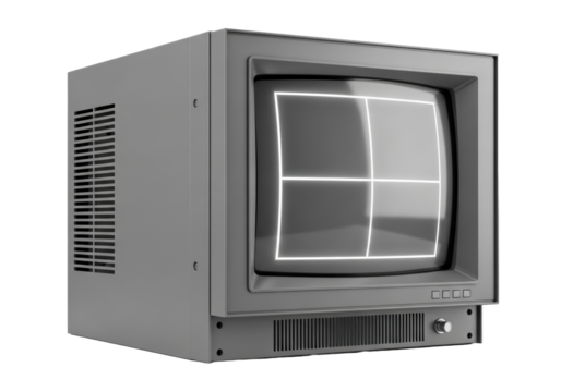 Robust industrial CRT monitor, deep chassis, matte gray metal, convex screen with white grid glow on transparent background, negative copy space. Nostalgic industrial technology concept