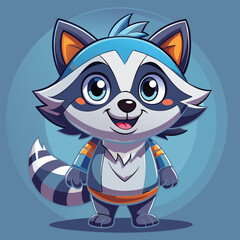 Fototapeta premium Charming Raccoon Character with Blue and White Fur a Sweet Smile and Expressive Eyes Stands Against a Soft Blue Background