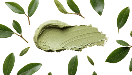 Light-green cosmetic smear surrounded by small green leaves on a black background