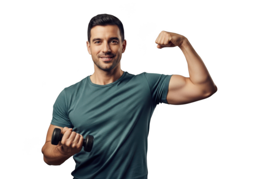 Muscular man flexing biceps holding dumbbell fitness motivation healthy lifestyle strength isolated on transparent background