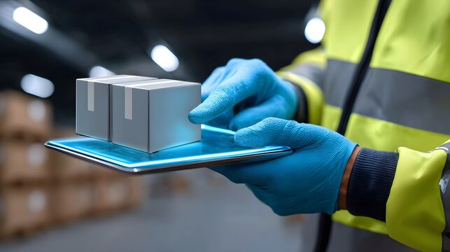 A warehouse worker wearing safety gloves and uniform scans a cardboard package using a digital tablet to manage inventory and logistics.