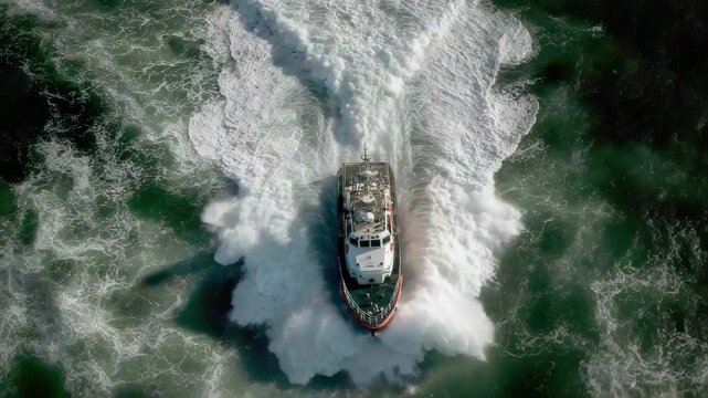 A coastguard boat skillfully maneuvers through rough ocean waves, highlighting the strength and agility needed in rescue operations. The sunny afternoon adds brightness to the scene