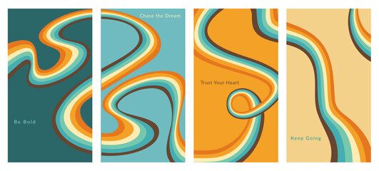 Trendy 60s–70s cartoon illustration set with pastel rainbow lines and inspirational quotes. Groovy retro vector backgrounds in vintage hippie art style for posters and textile design