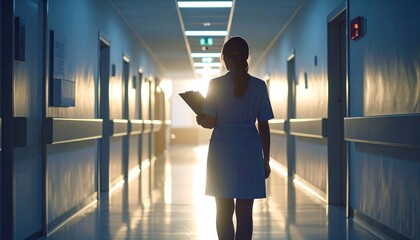 Healthcare professional walks with purpose through brightly lit hospital corridor