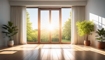 Fototapeta premium sunlight through window n interior bright room window view clean home decor minimalism