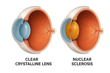 Illustration comparing a clear crystalline eye lens to a lens affected by nuclear sclerosis, showcasing the difference in clarity and color.
