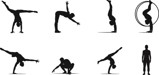 Gymnastics silhouette illustration with handstands, Cyr wheel, acrobatic poses, balance, flexibility, strength, athlete training, artistic movement, performance design sequence
