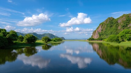 Tranquil River Landscape with Lush Greenery and Mountains Under a Bright Blue Sky
