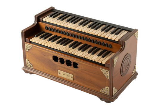 Vintage double manual harmonium musical instrument with wooden casing and ivory keys isolated on transparent background