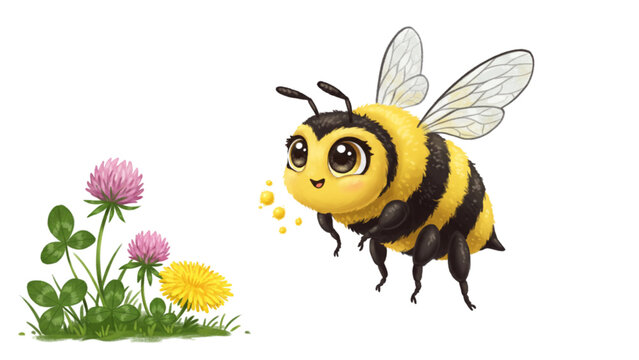 Advanced Exploration of Adorable Bee Pollinating Vibrant Dandelion and Clover Flowers in Spring Garden
