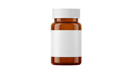 Amber glass pill bottle with white label.  Empty, blank label ready for customization.  Studio shot, isolated on black.  Bottle is upright, showing front.  Rounded shape.  White cap
