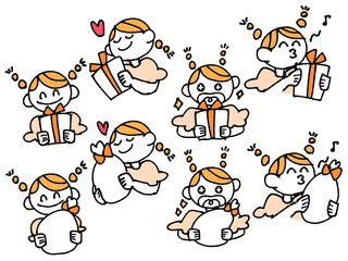 Naklejka premium プレゼントに喜ぶ女の子 オレンジ