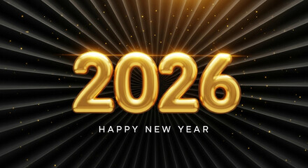 Happy New Year 2026 Gold Balloons on Black Background
