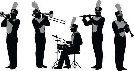 Marching band silhouettes with trumpet, trombone, drum, flute, clarinet, musicians in uniform, parade performance, musical ensemble illustration design artwork © Sabbir's World