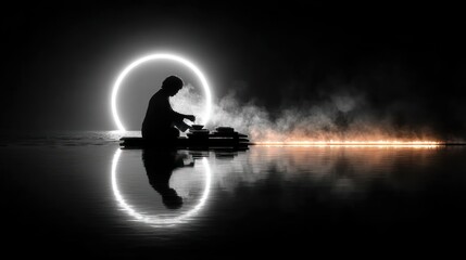 Silhouette person working dark studio