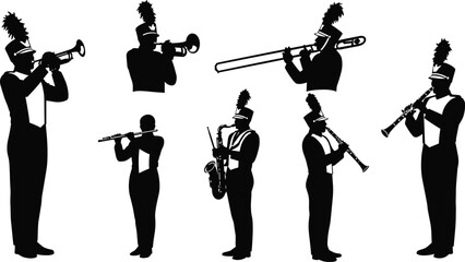 Marching band silhouettes with trumpet, trombone, flute, saxophone, clarinet, musicians in uniform, parade performance, musical ensemble illustration design artwork © Sabbir's World