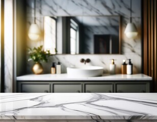 empty marble table top with blurred bathroom interior background
