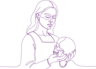 Isolated on white background, a continuous line drawing of a woman holding a skull, rendered in a delicate purple hue, evoking a sense of contemplation