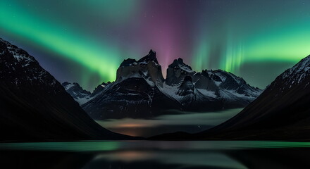 Aurora Borealis Northern Lights Over Snowy Mountain Peaks With Reflection On Calm Lake At Night