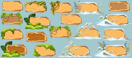 Cartoon game panels with swamp moss, forest lichen, liana branches, jungle leaves, ivy. Marsh reed under snow. Swamp cattails, fern winter. Broken weed and snowdrifts. Vector signboards, frames.