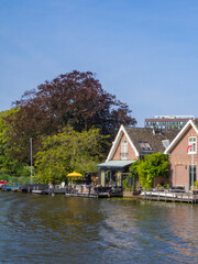 Obraz premium Scenic view of Dutch houses by water in Leiden with summer greenery, authentic European lifestyle travel